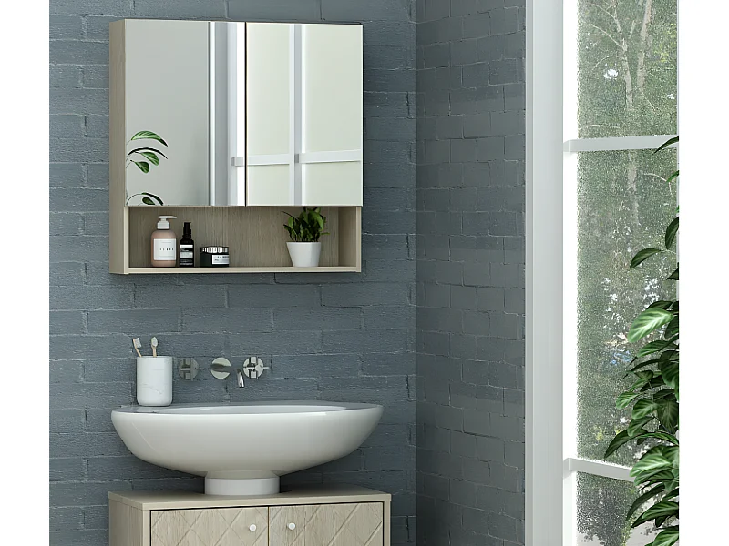 Armoire murale de salle de bain avec miroir et niche - Couleur chêne - ZUMPA