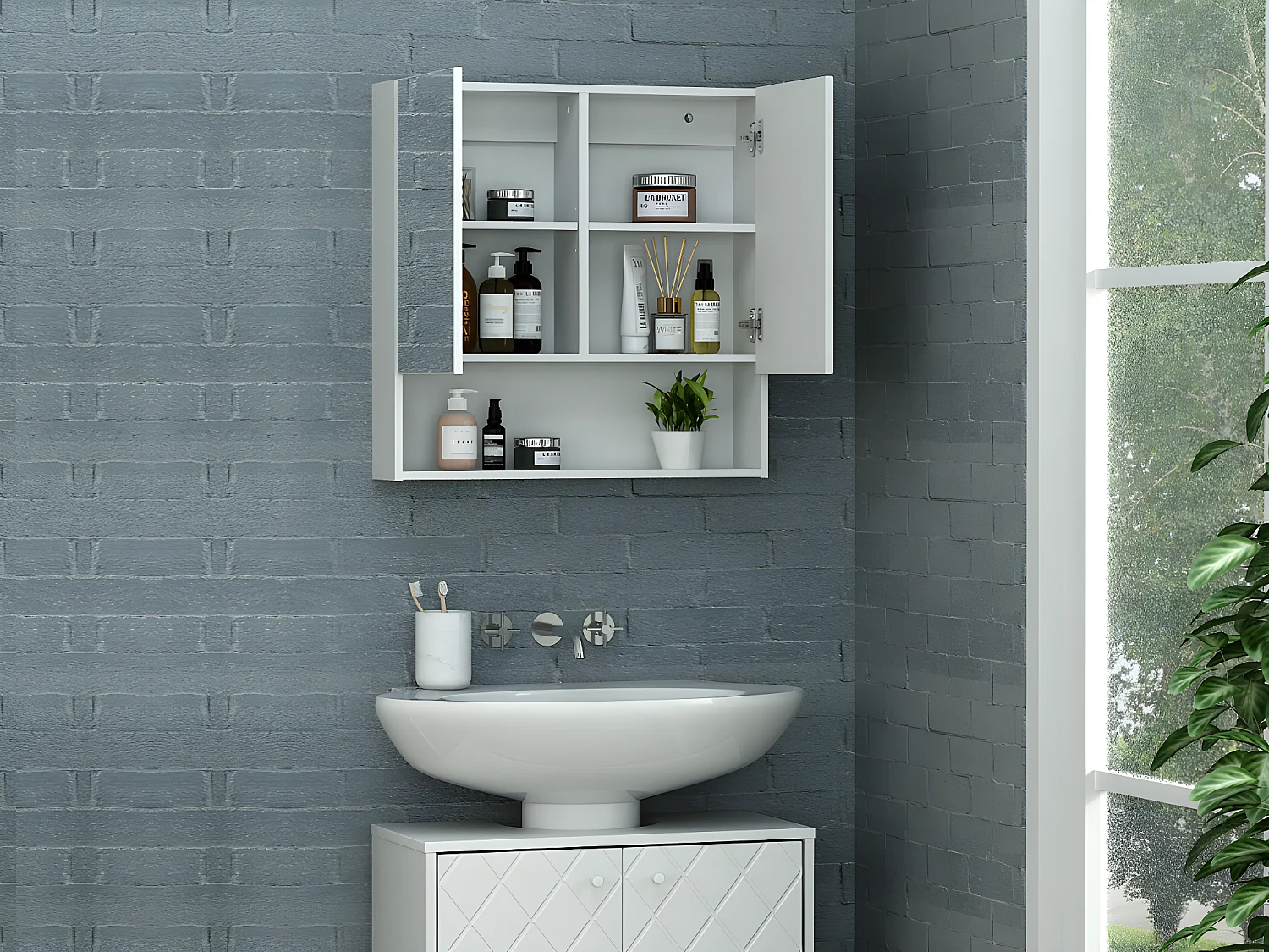 Armoire murale de salle de bain avec miroir et niche - Blanc - ZUMPA