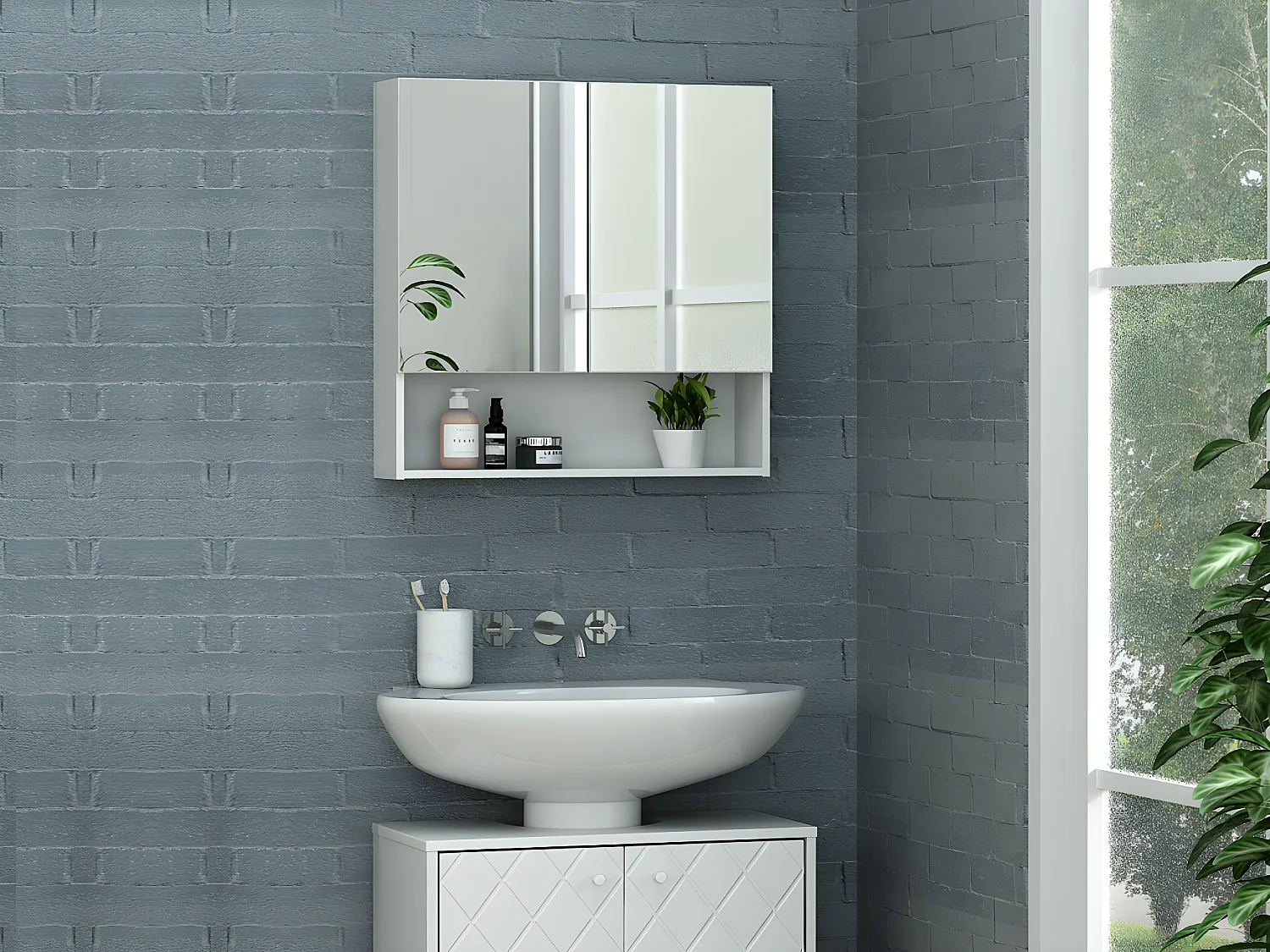 Armoire murale de salle de bain avec miroir et niche - Blanc - ZUMPA
