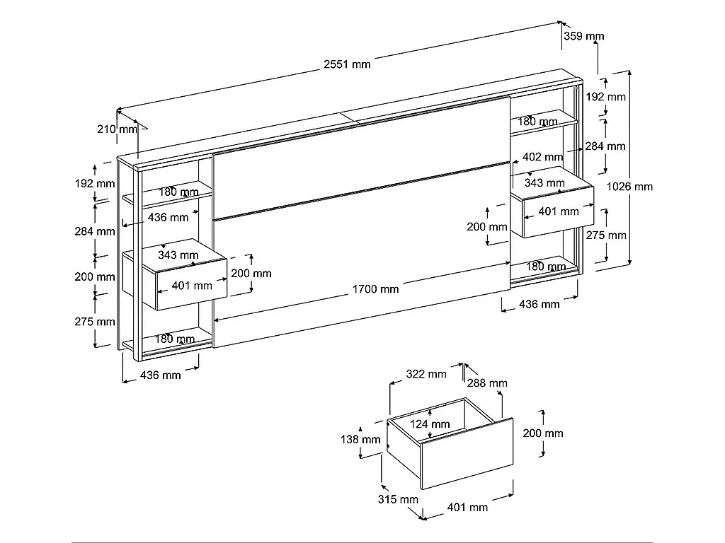 Cabeceira de cama com mesas de cabeceira de 160 cm cor carvalho e preto - MISTA