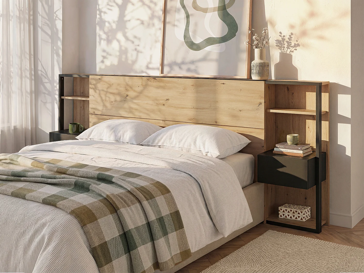 Testata letto con comodini 160 cm Rovere e Nero - MISTA
