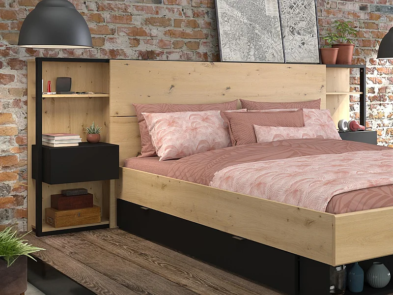 Tête de lit avec chevets MISTA - 160 cm - Chêne et noir