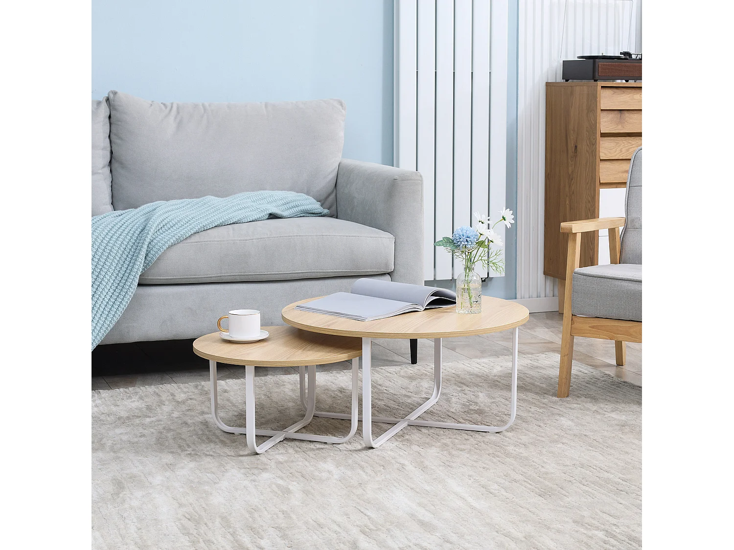 Mesitas de café madera natural y blanco 65x65x32 cm HOMCOM