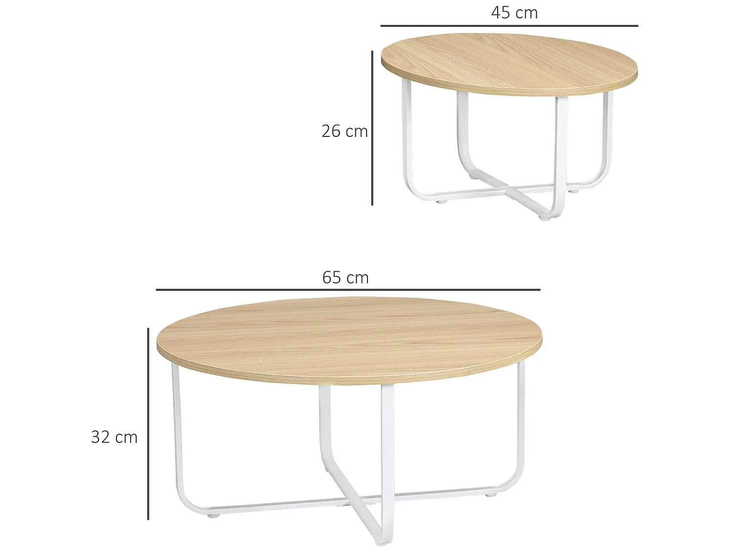 Mesitas de café madera natural y blanco 65x65x32 cm HOMCOM