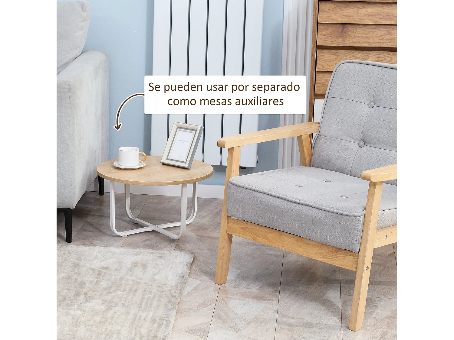 Mesitas de café madera natural y blanco 65x65x32 cm HOMCOM