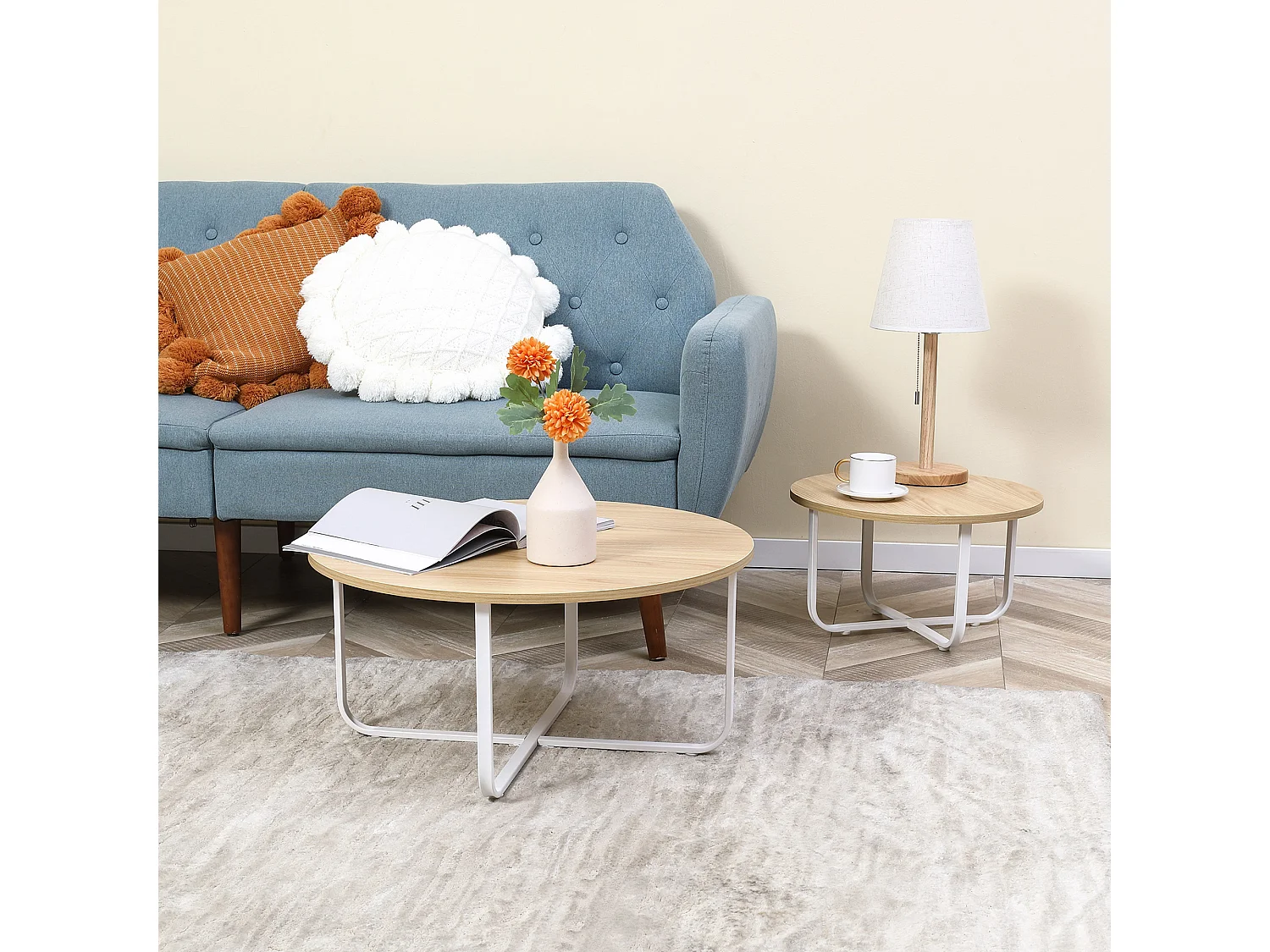 Mesitas de café madera natural y blanco 65x65x32 cm HOMCOM