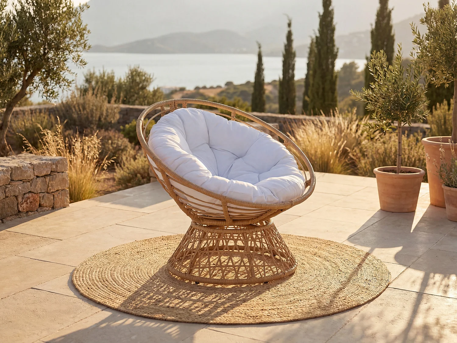 Ronde draaifauteuil van gevlochten hars - Licht naturel met wit kussen - SYNDRA van MYLIA