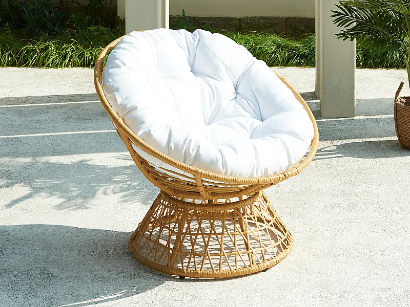 Fauteuil papasan rotatif en résine tressée - Naturel clair et coussin blanc - SYNDRA de MYLIA