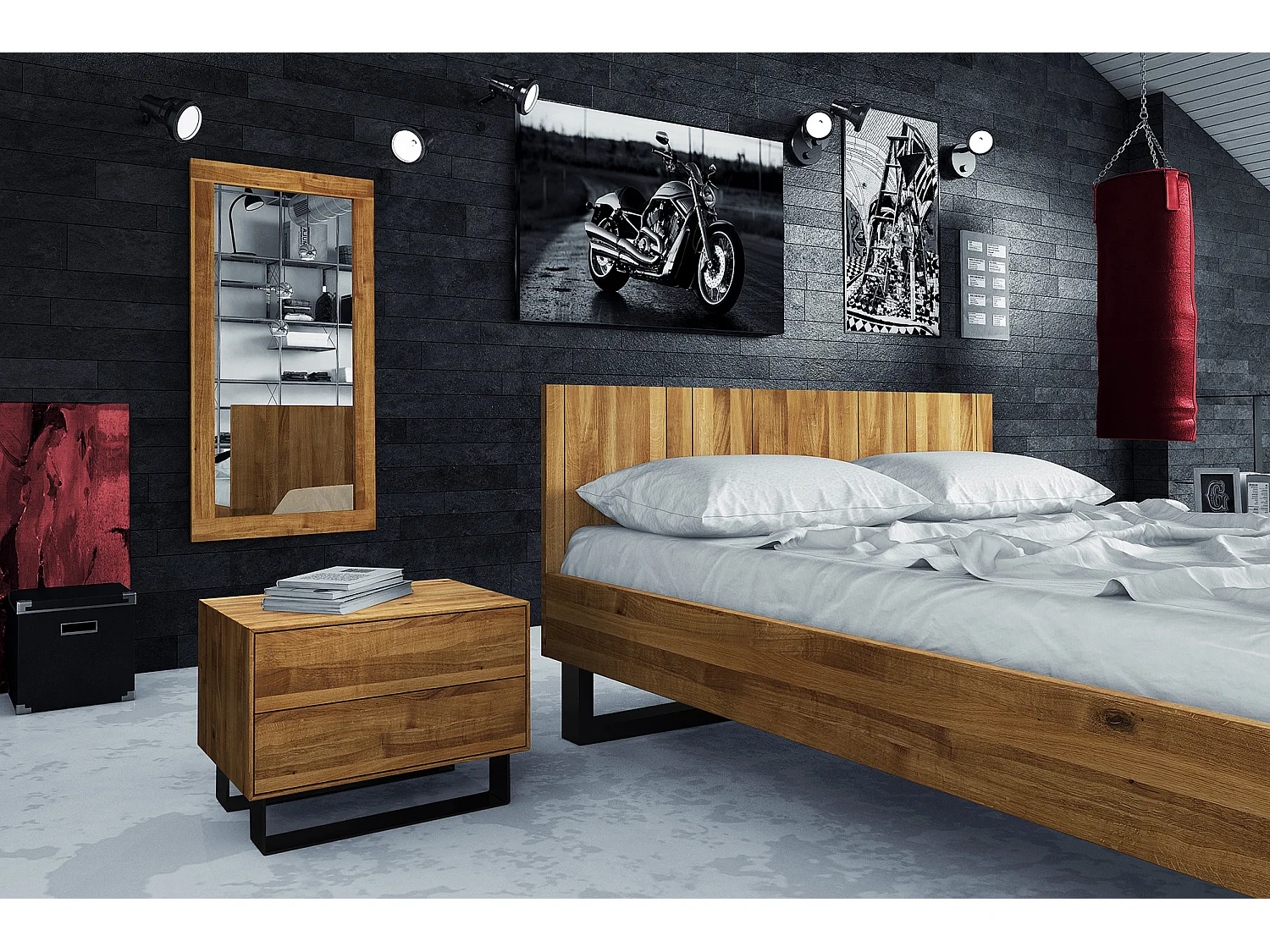 STEEL - Bett 160x200 mit Holzkopfteil aus Wildeiche, naturgeölt