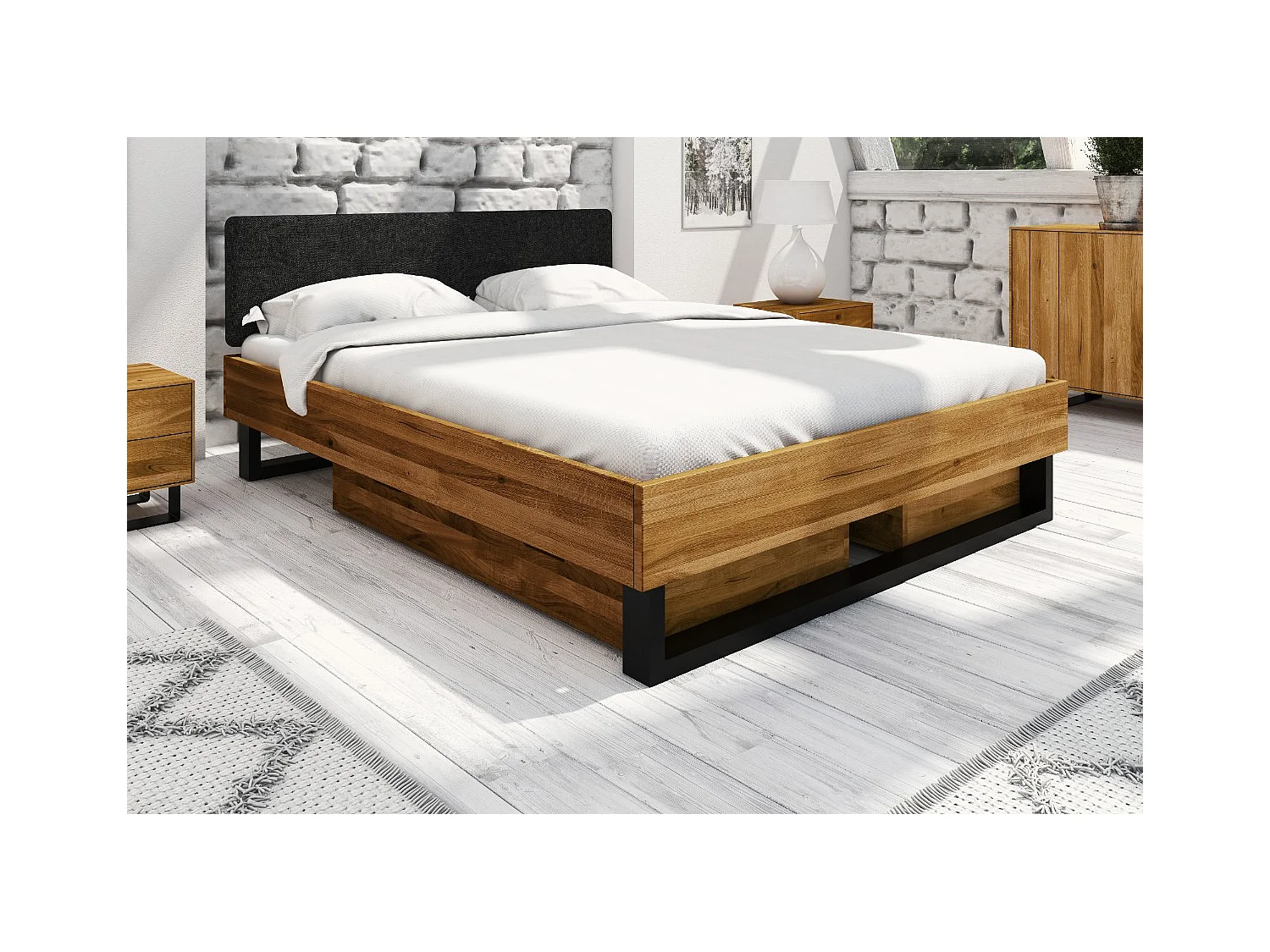 STEEL - Bett mit Polsterkopfteil 140x200 aus Wildeiche, naturgeölt