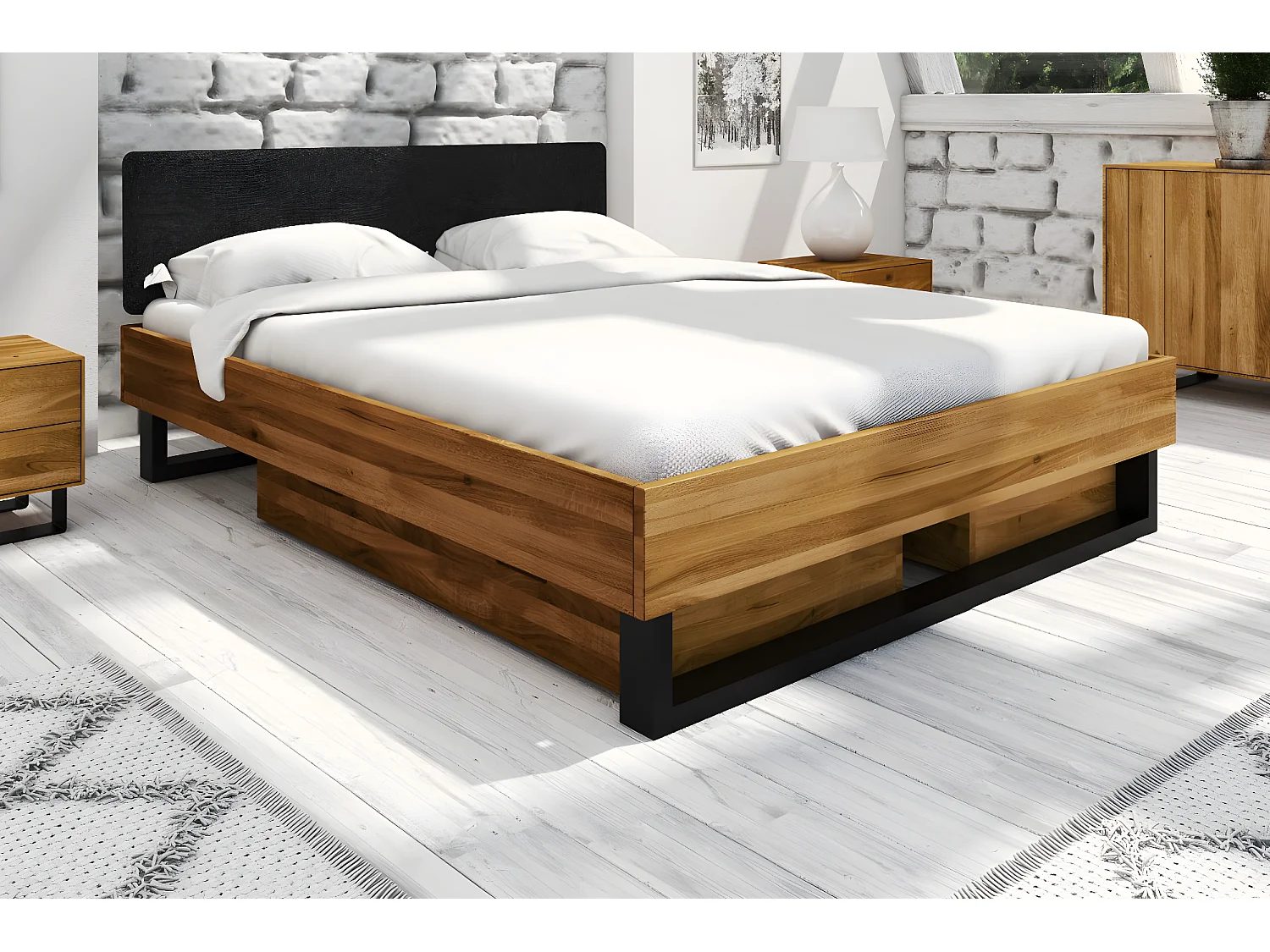 STEEL - Bett mit Polsterkopfteil 140x200 aus Wildeiche, naturgeölt