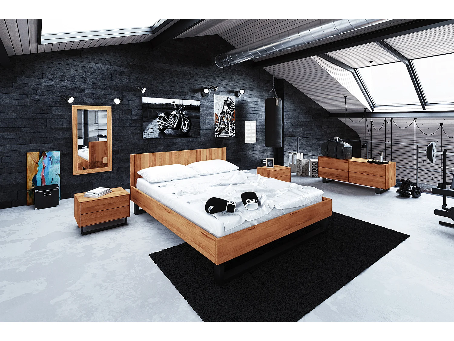 STEEL - Bett 200x200 mit Holzkopfteil aus Kernbuche, naturgeölt