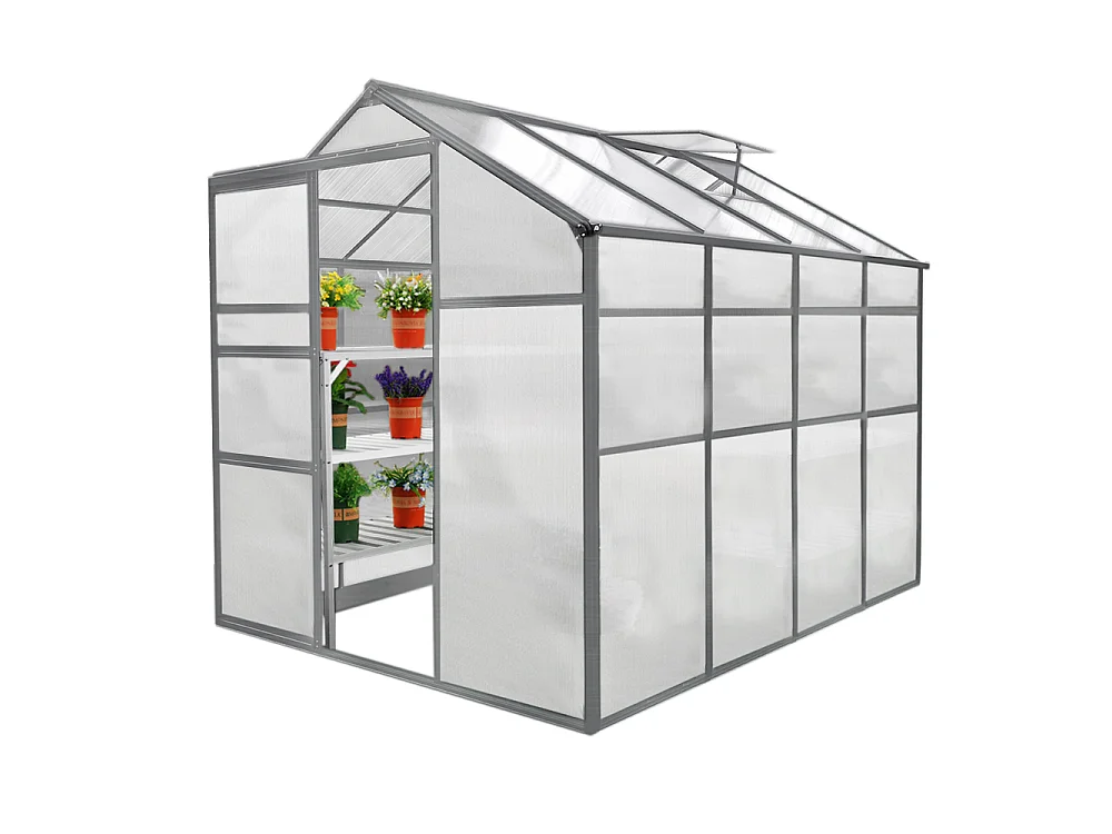 Gewächshaus 1.8m x 2.4m inklusive 2 Regale ohne Boden Aluminium Alu Gartenhaus Treibhaus Hybrid Glashaus PC-Platten