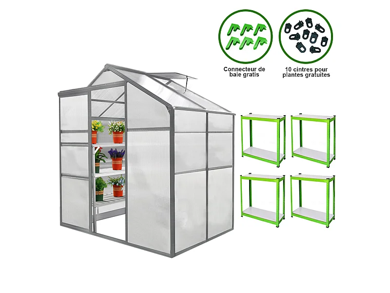 Gewächshaus 1.8m x 1.2m inklusive 2 Regale ohne Boden Aluminium Alu Gartenhaus Treibhaus Hybrid Glashaus PC-Platten