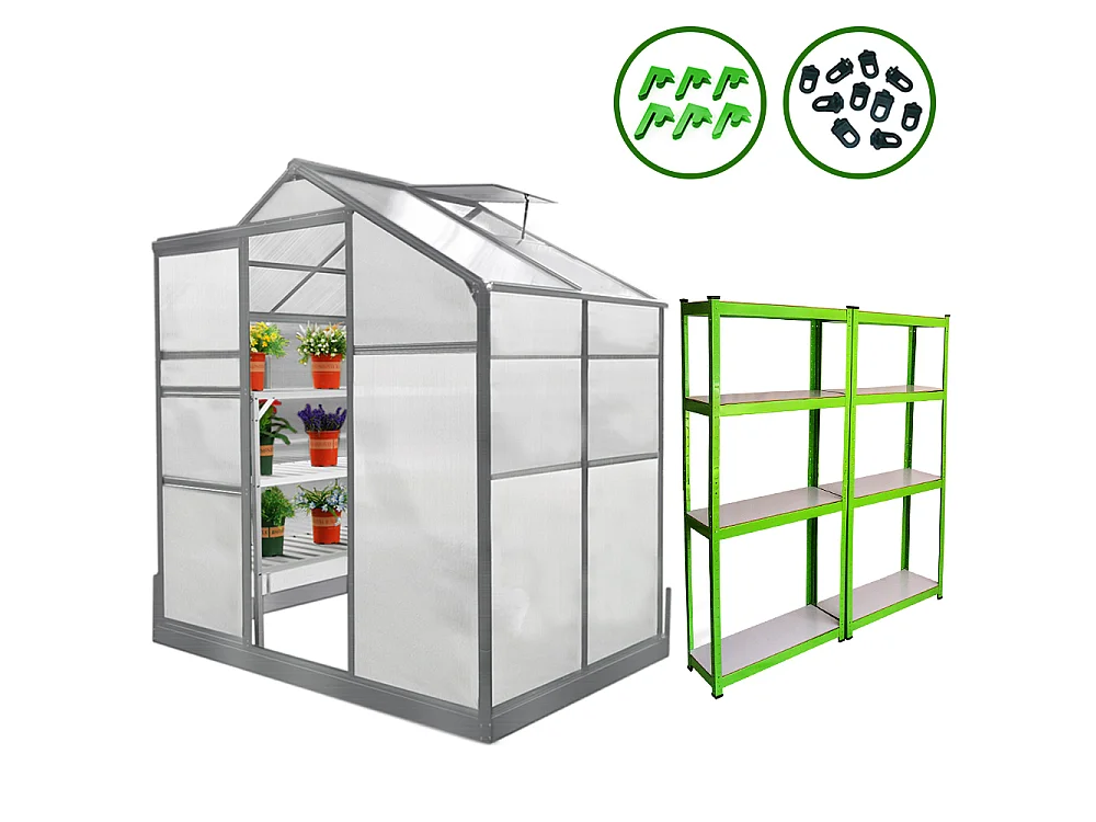 Invernadero de Jardín Policarbonato Transparente Aluminio Plantas Cultivos Hortalizas Vivero con 10 W Clips Gratis sin Base y con Estantería 1.8m x 2.4m