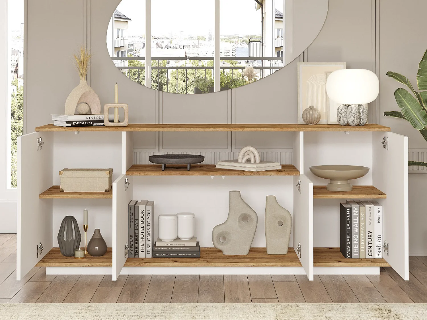 Buffet avec 4 portes et 1 étagère - Blanc et naturel - LOTULA