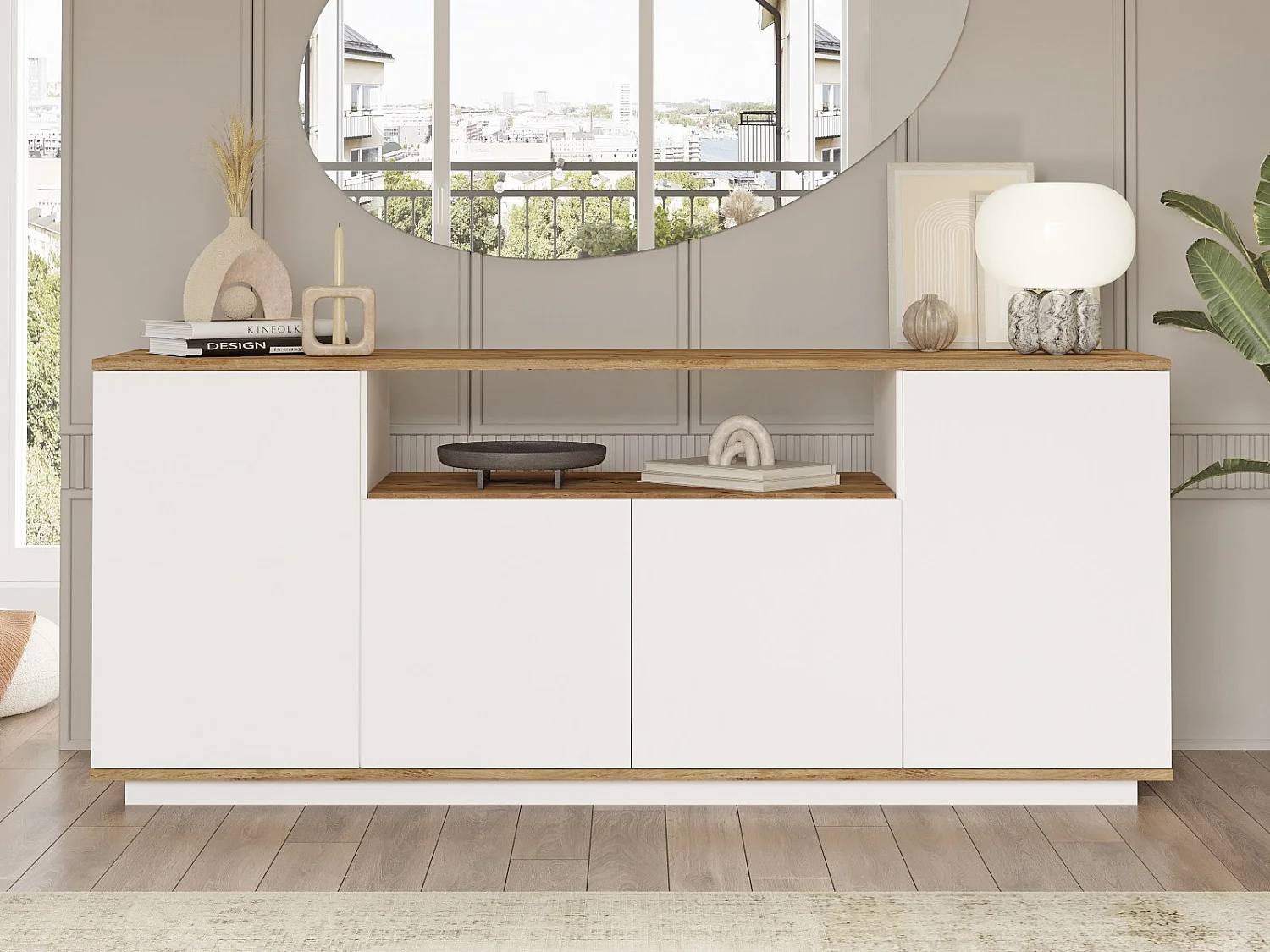 Buffet avec 4 portes et 1 étagère - Blanc et naturel - LOTULA