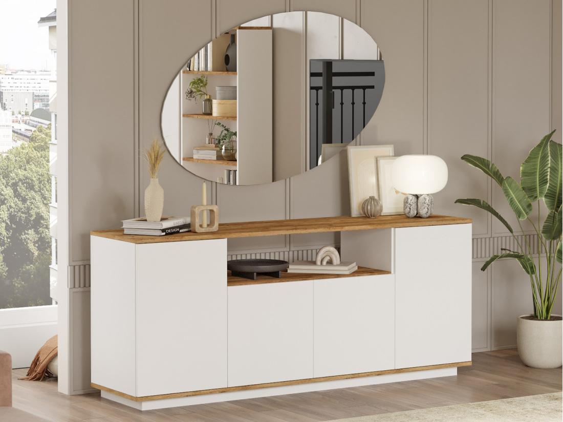 vente unique Buffet avec 4 portes et 1 étagère - Blanc et naturel - LOTULA