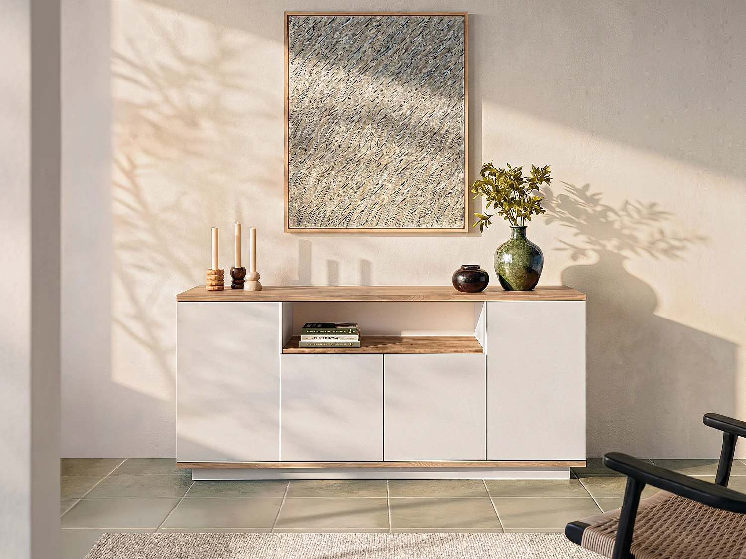 Buffet avec 4 portes et 1 étagère - Blanc et naturel - LOTULA
