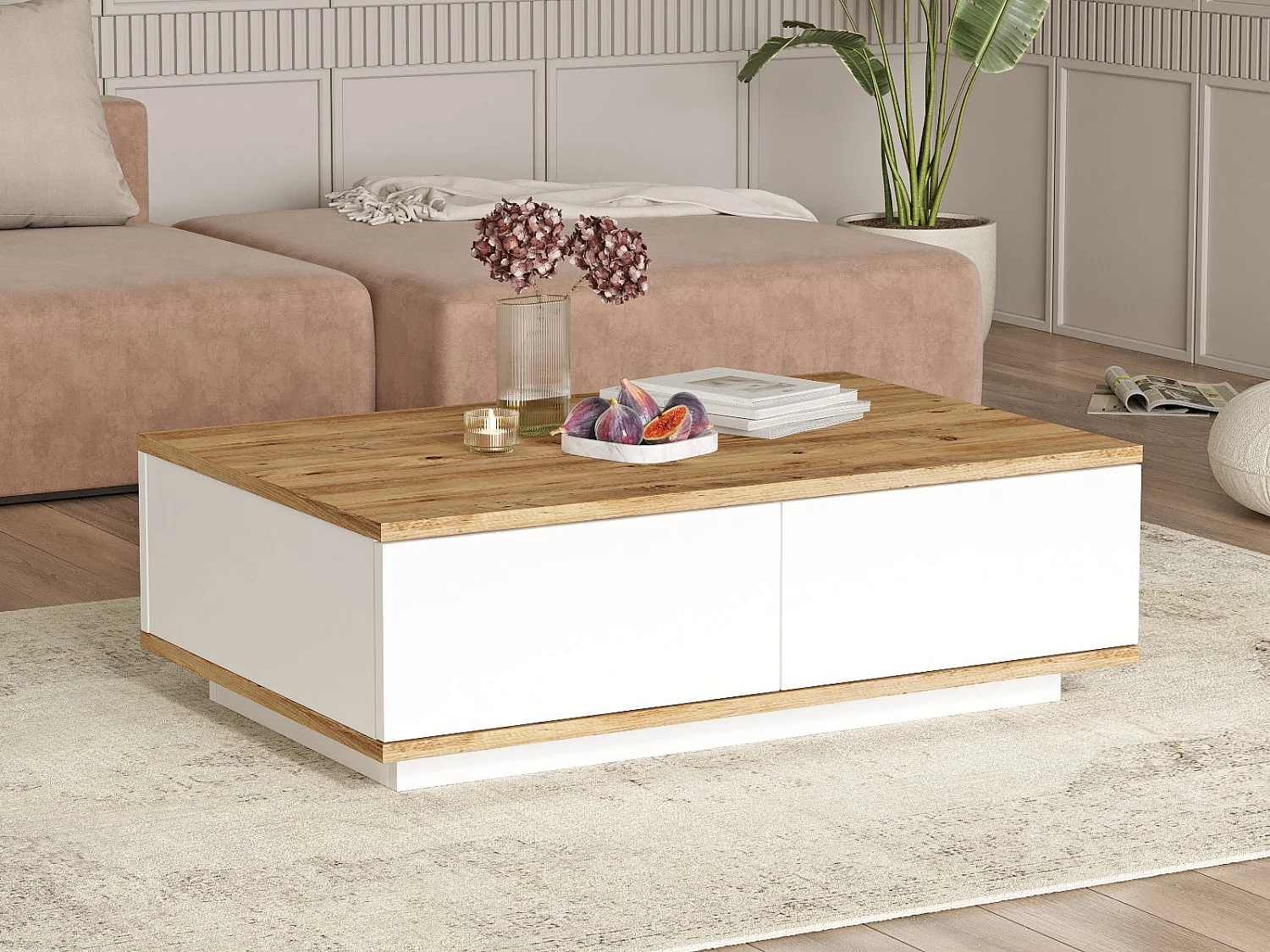Table basse avec 2 portes - Naturel et Blanc - LOTULA