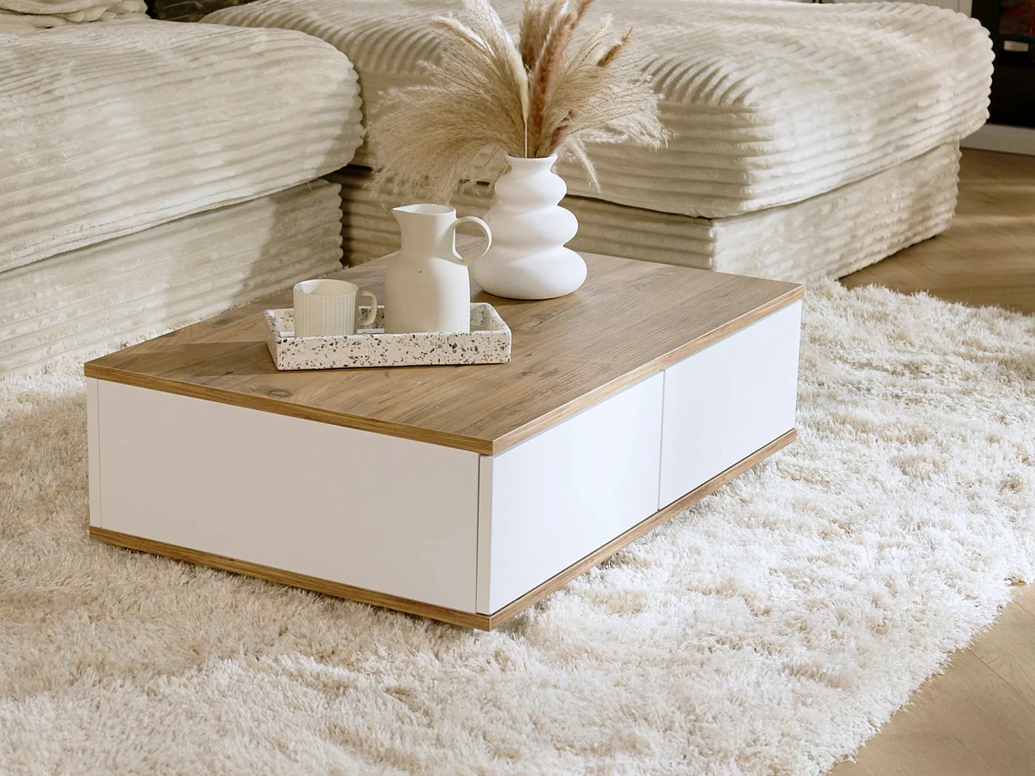 Table basse avec 2 portes - Naturel et Blanc - LOTULA