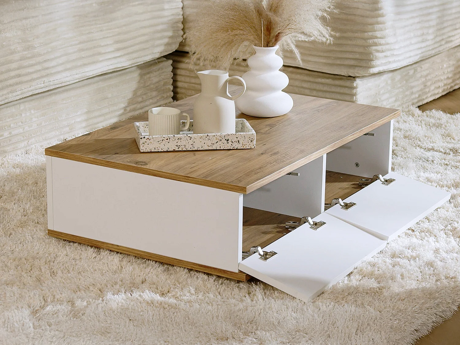 Table basse avec 2 portes - Naturel et Blanc - LOTULA