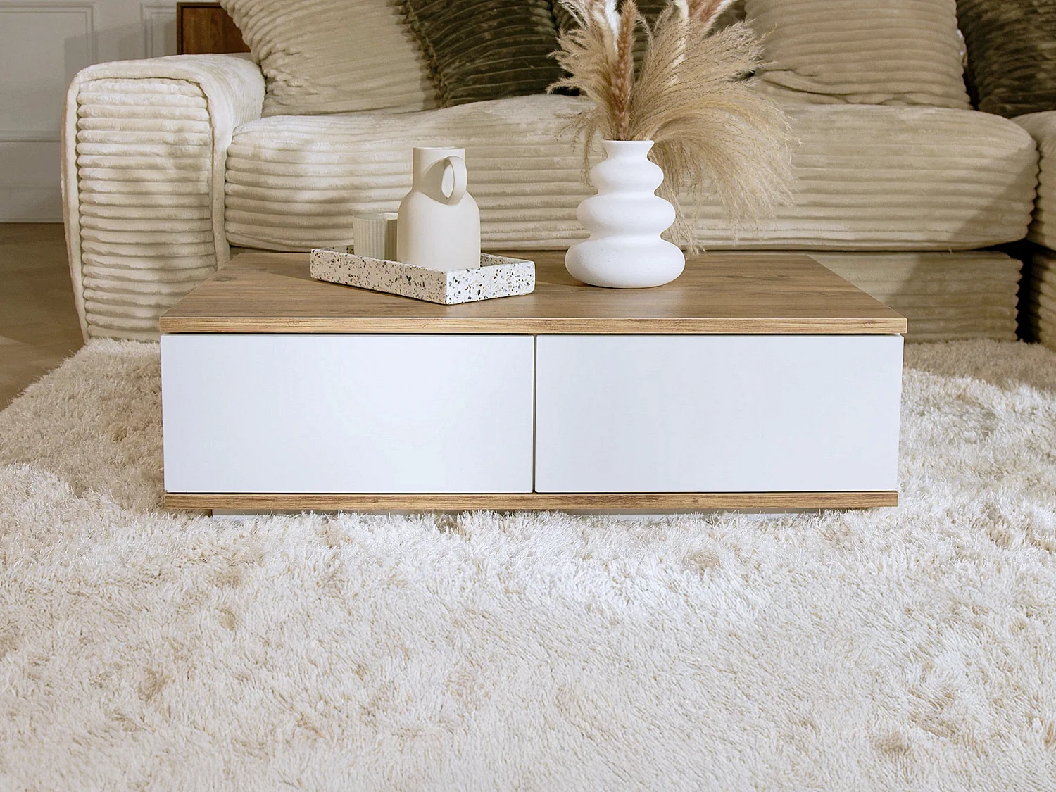 Table basse avec 2 portes - Naturel et Blanc - LOTULA