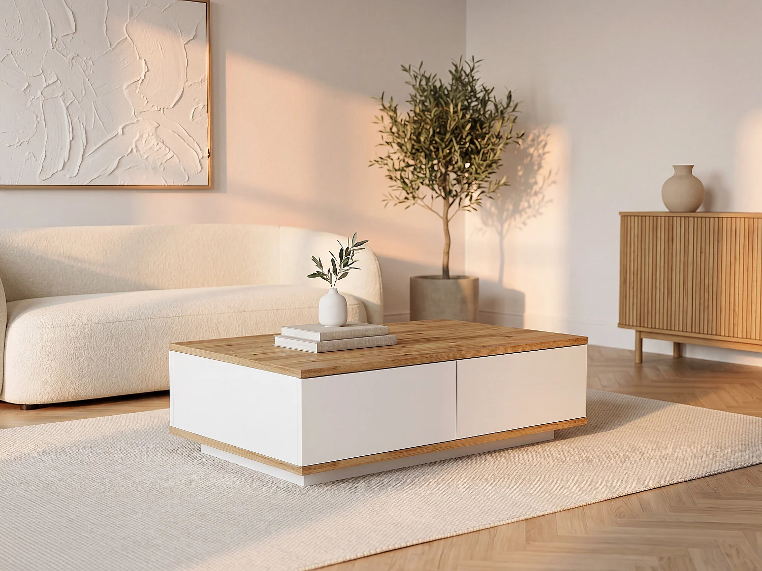 Table basse avec 2 portes - Naturel et Blanc - LOTULA