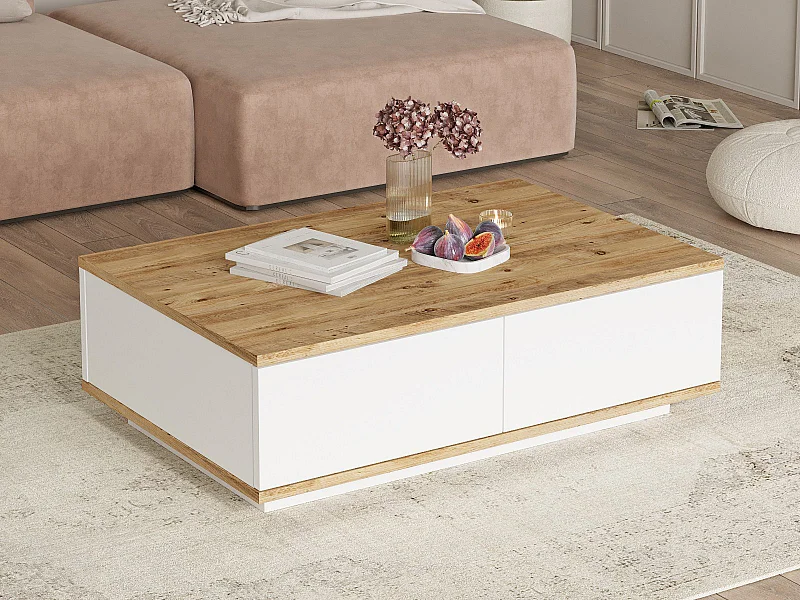 Mesa de centro con 2 puertas - Natural claro y Blanco - LOTULA
