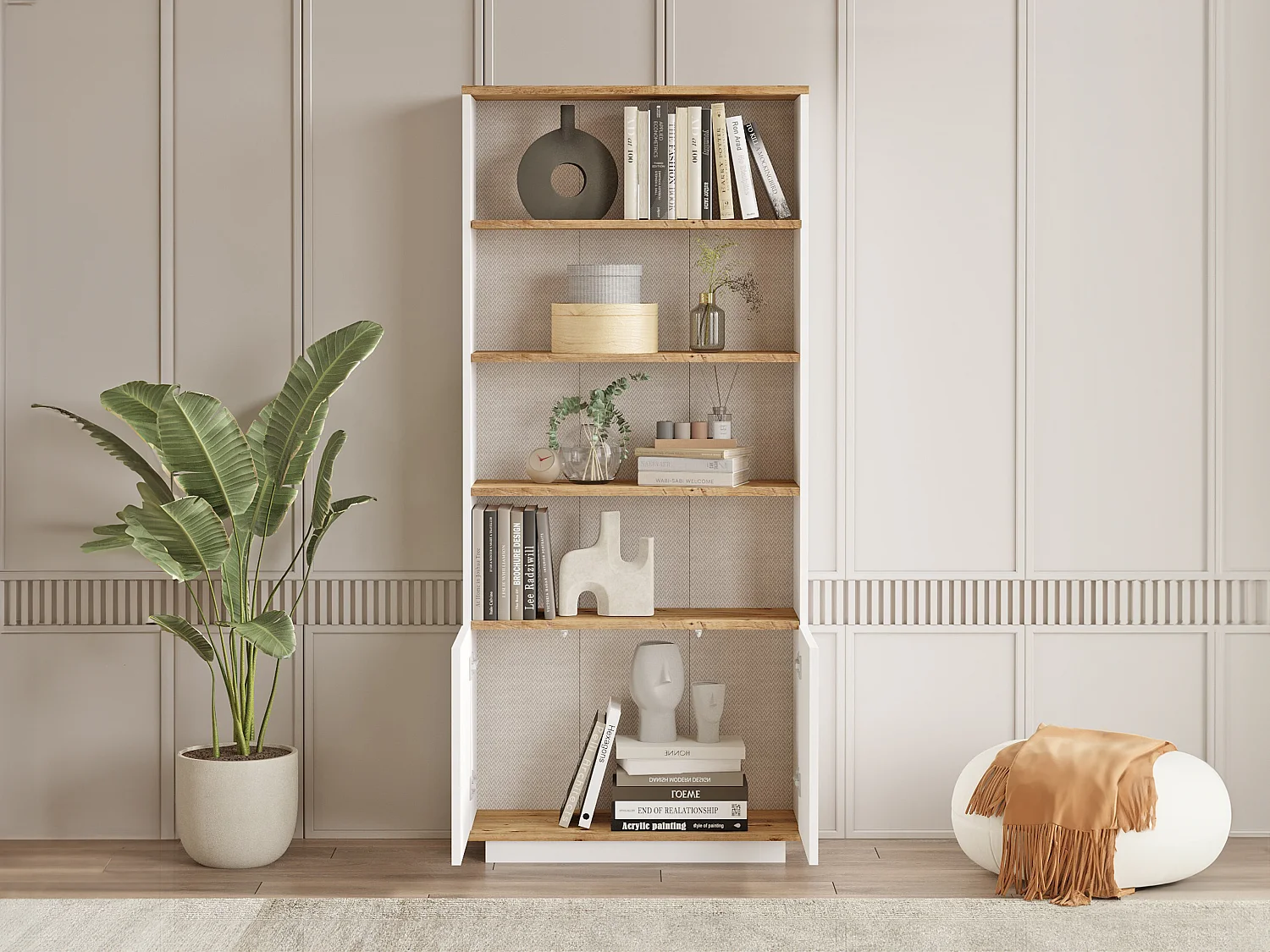 Bibliothèque avec 2 portes et 4 niches - Blanc et naturel - LOTULA