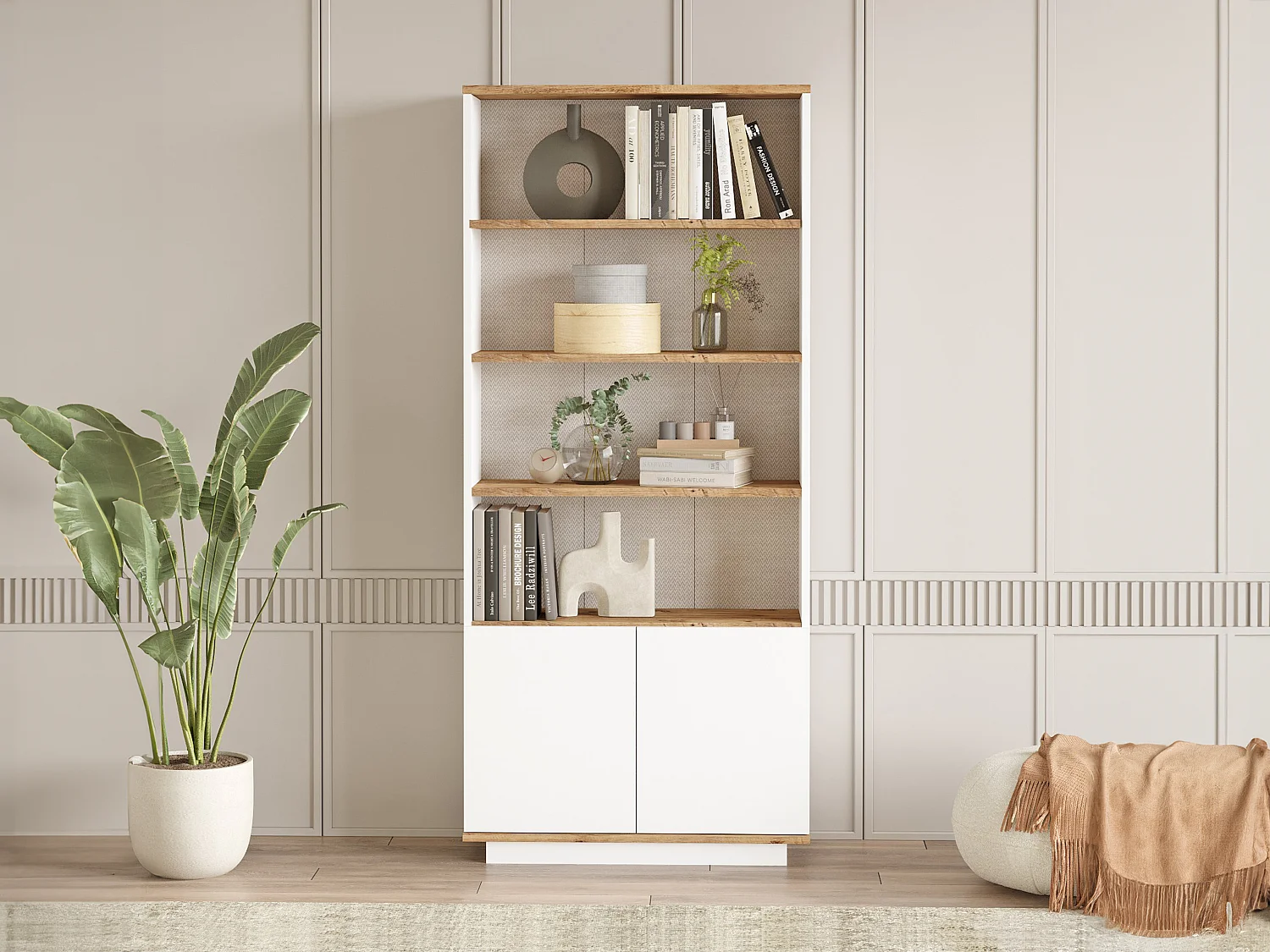 Bibliothèque avec 2 portes et 4 niches - Blanc et naturel - LOTULA