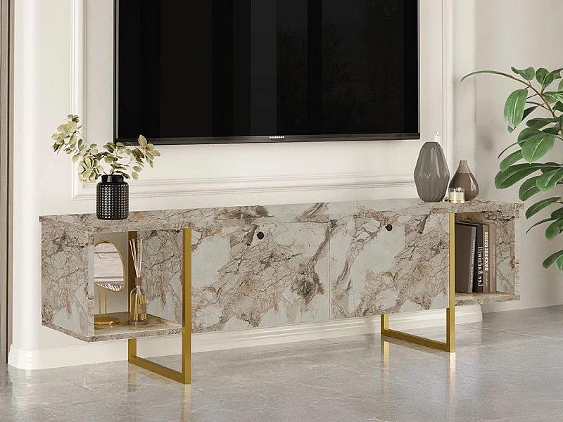 Tv-meubel met 2 deuren en 2 planken - Wit marmereffect en goudkleurig - DERANA