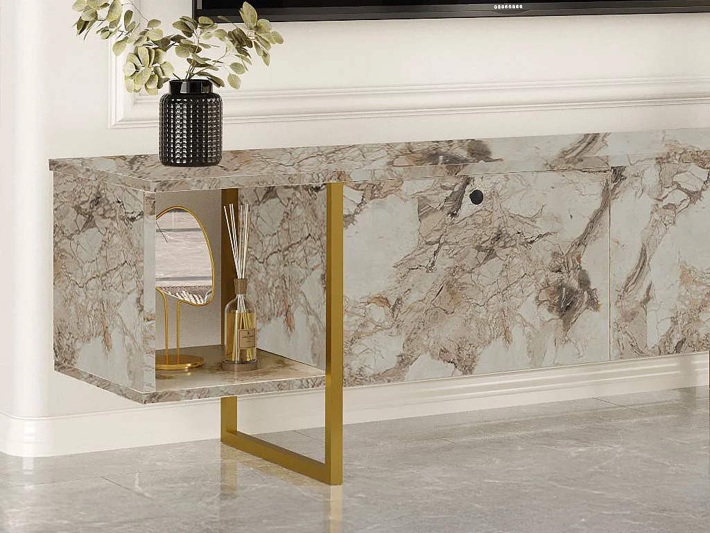 TV-Möbel mit 2 Türen & 2 Regalen - Marmor-Optik Weiß & Goldfarben - DERANA