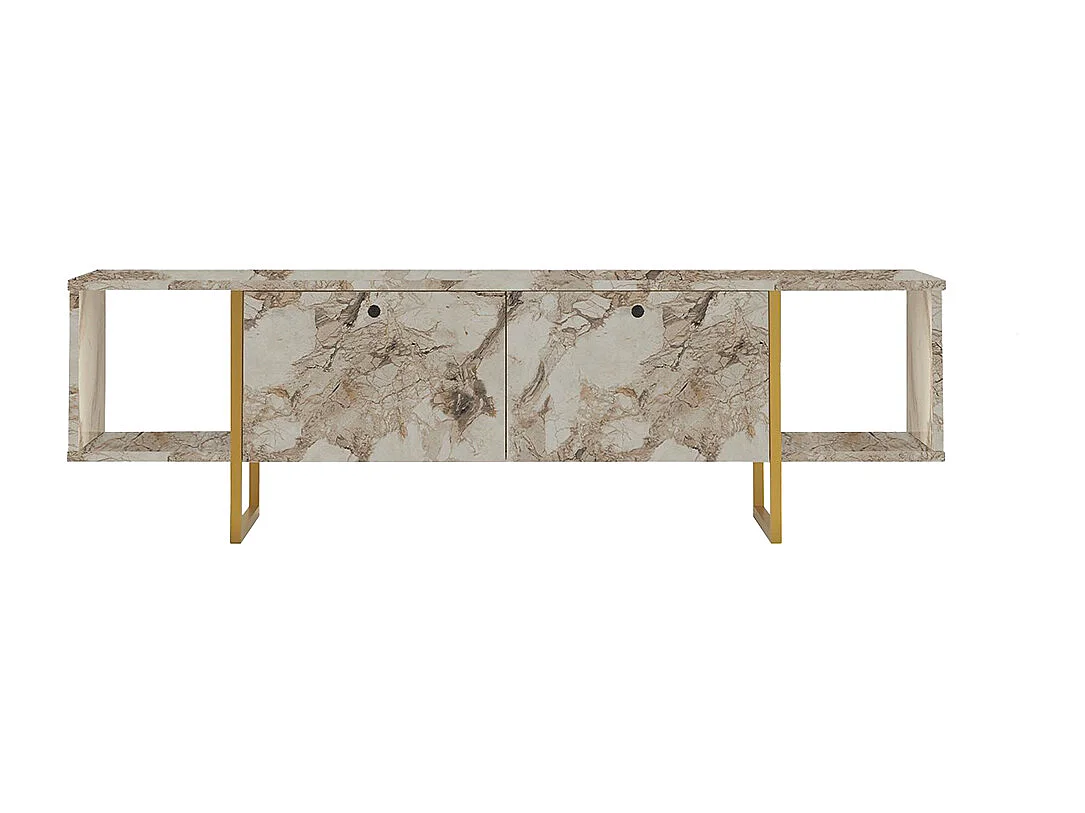 TV-Möbel mit 2 Türen & 2 Regalen - Marmor-Optik Weiß & Goldfarben - DERANA