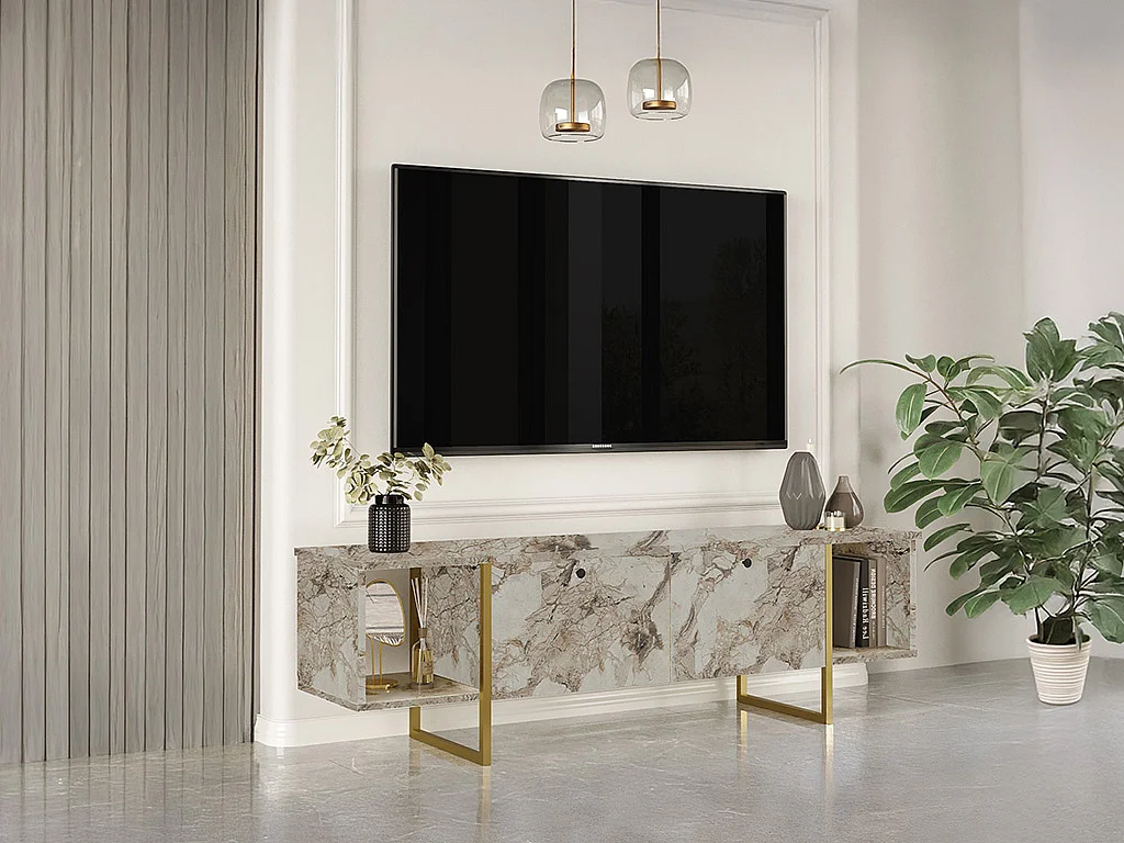 Meuble TV 2 portes et 2 étagères - Effet marbre blanc et Doré - DERANA