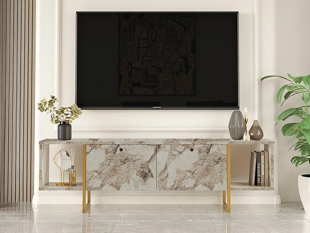 TV-Möbel mit 2 Türen & 2 Regalen - Marmor-Optik Weiß & Goldfarben - DERANA