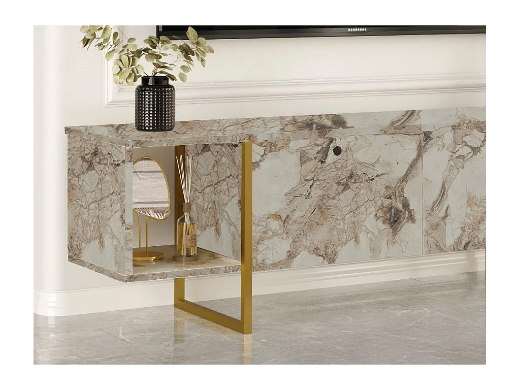 Szafka RTV 2 pary drzwiczek i 2 półki - Imitacja białego marmuru i złoty - DERANA