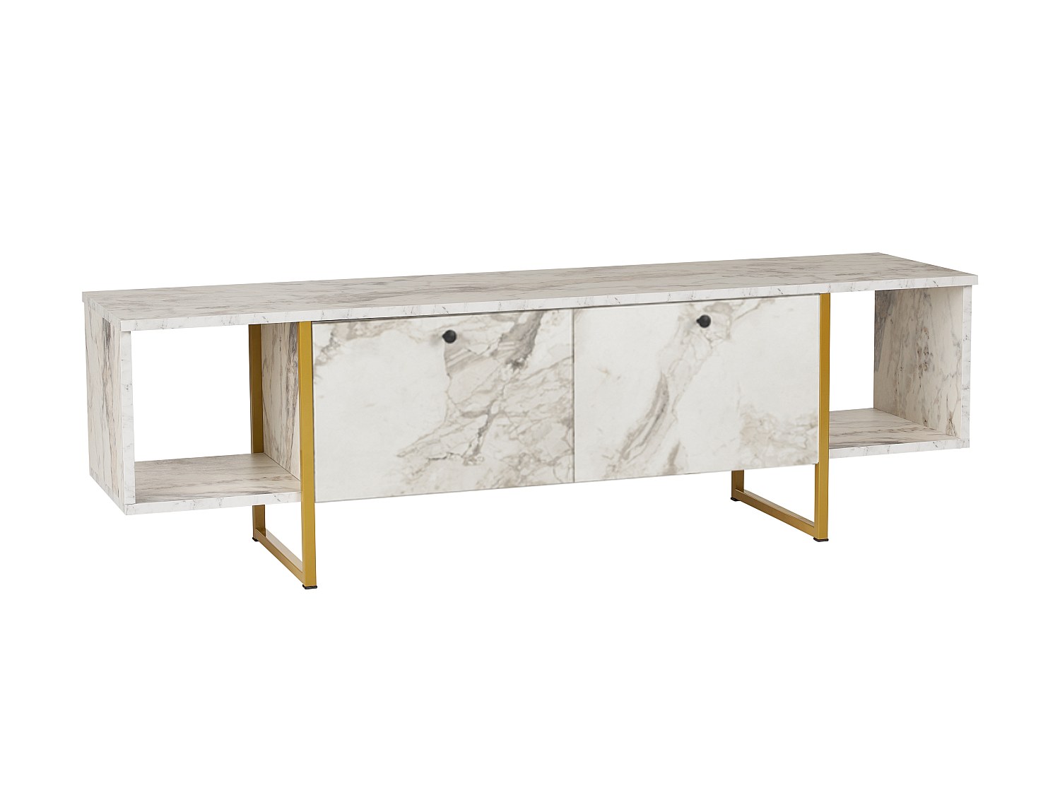 TV-Möbel mit 2 Türen & 2 Regalen - Marmor-Optik Weiß & Goldfarben - DERANA günstig online kaufen