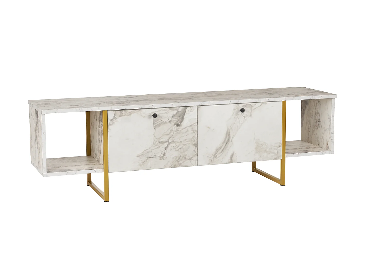 TV-Möbel mit 2 Türen & 2 Regalen - Marmor-Optik Weiß & Goldfarben - DERANA