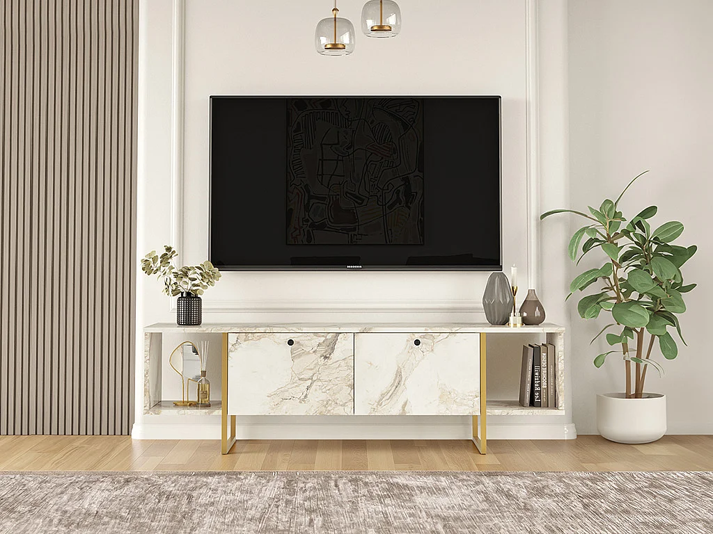 TV-Möbel mit 2 Türen & 2 Regalen - Marmor-Optik Weiß & Goldfarben - DERANA