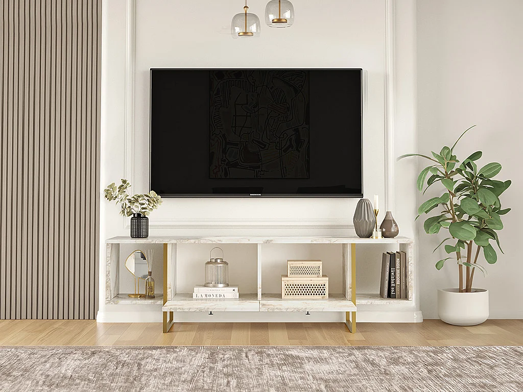 TV-Möbel mit 2 Türen & 2 Regalen - Marmor-Optik Weiß & Goldfarben - DERANA
