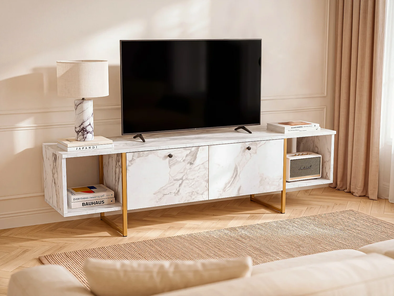 Meuble TV 2 portes et 2 étagères - Effet marbre blanc et Doré - DERANA