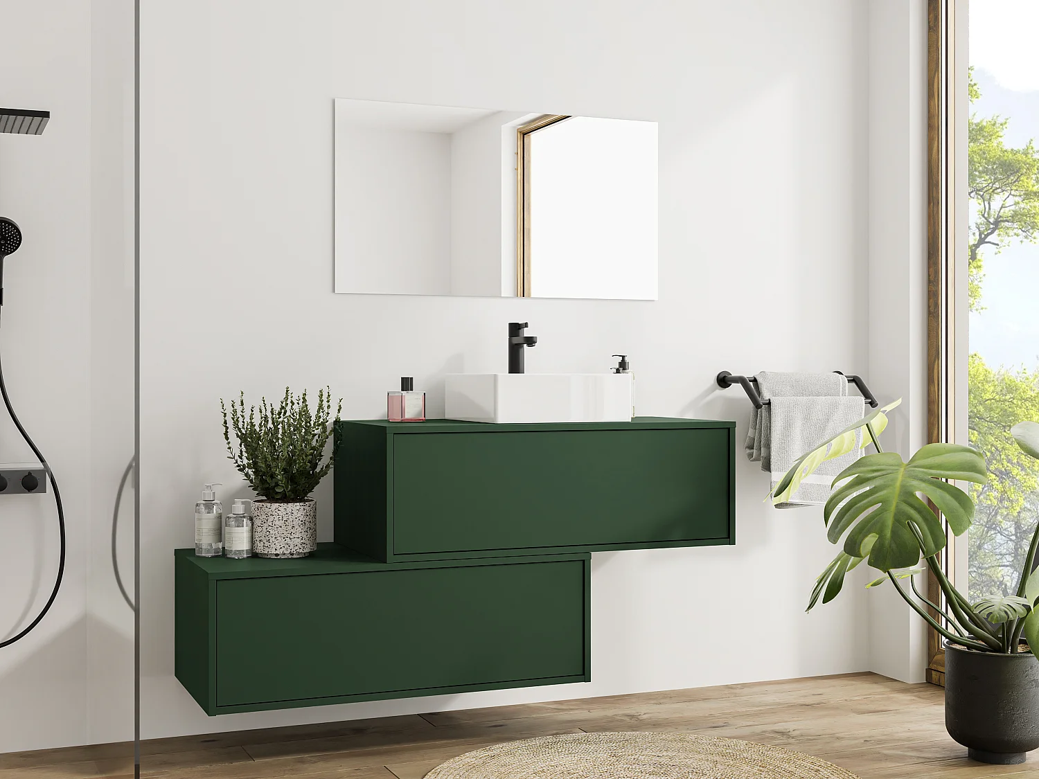 Meuble de salle de bain suspendu vert mat avec simple vasque carrée et deux tiroirs - 94 cm - TEANA II