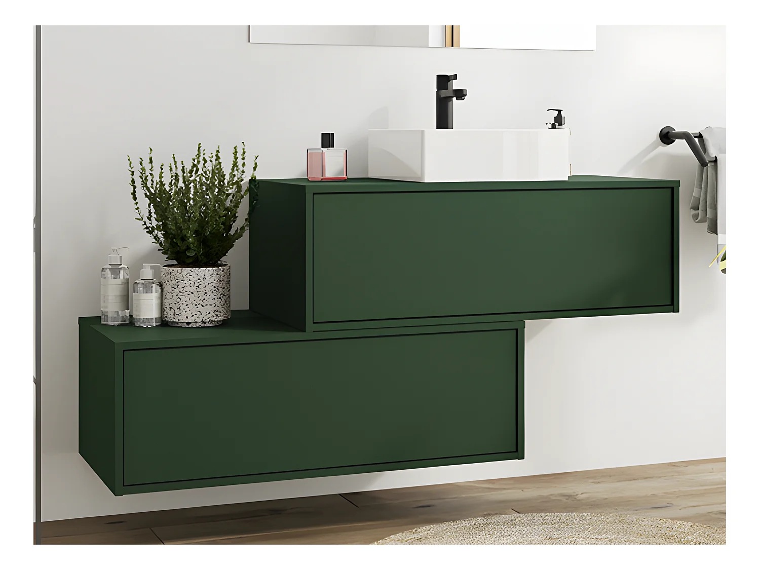 Meuble de salle de bain suspendu vert mat avec simple vasque carrée et deux tiroirs - 94 cm - TEANA II