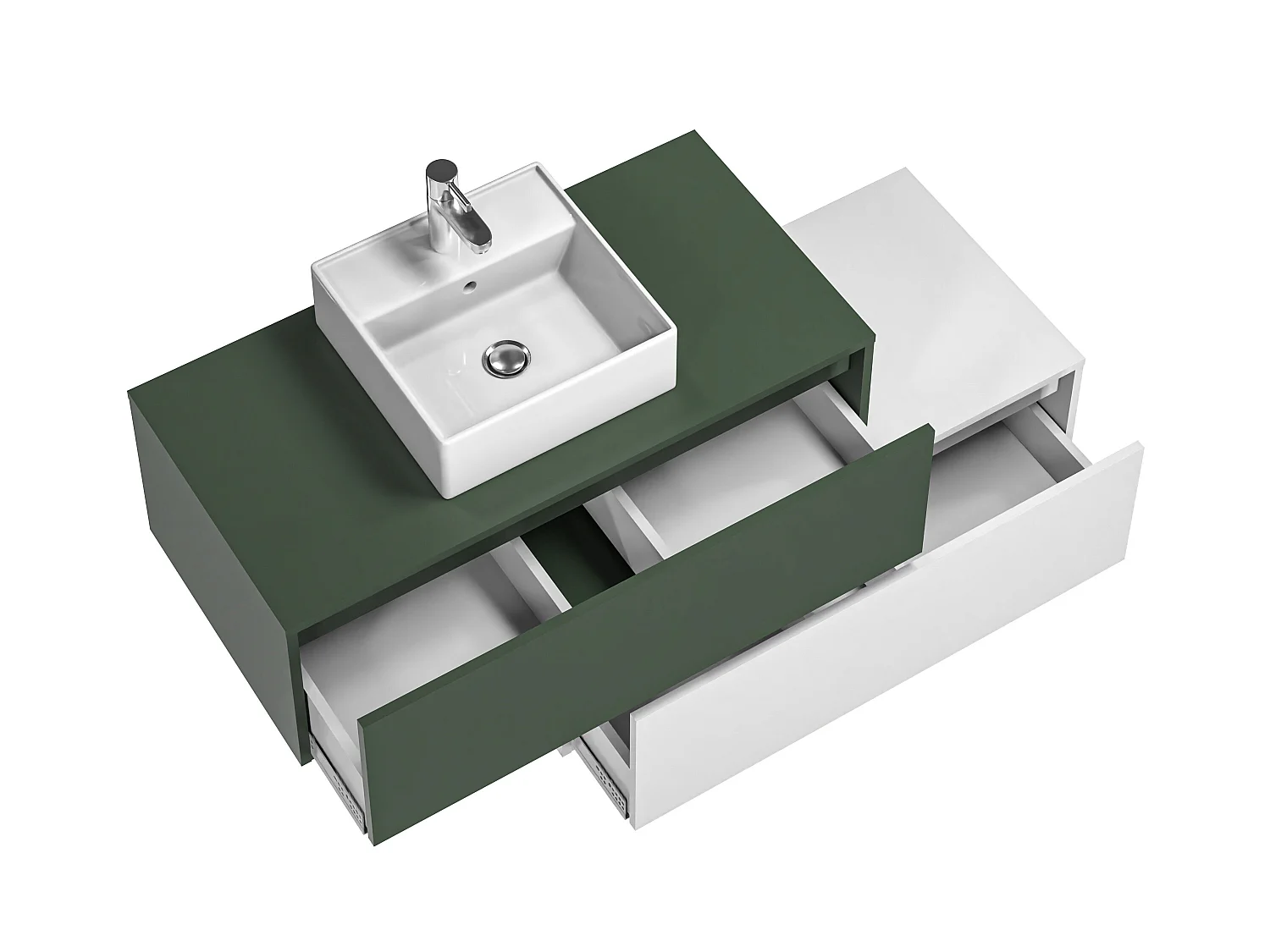 Hangend badkamermeubel, groen en wit, met enkele wastafel en twee lades - 94 cm - TEANA II