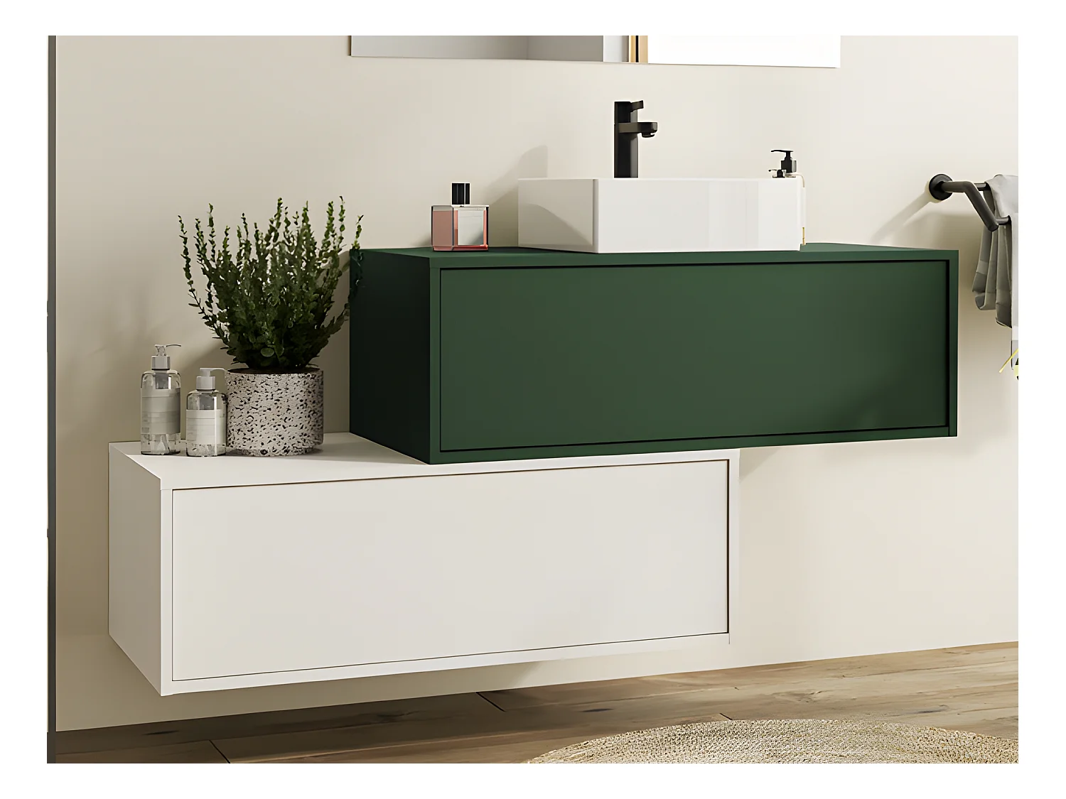 Meuble de salle de bain suspendu vert et blanc avec simple vasque carrée et deux tiroirs - 94 cm - TEANA II