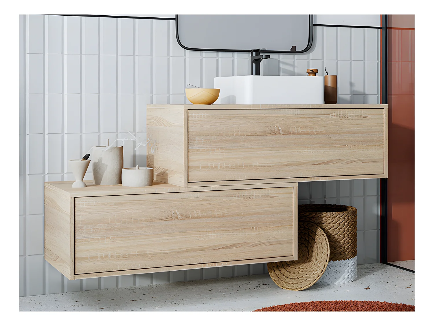 Meuble de salle de bain suspendu naturel clair avec simple vasque carrée et deux tiroirs - 94 cm - TEANA II