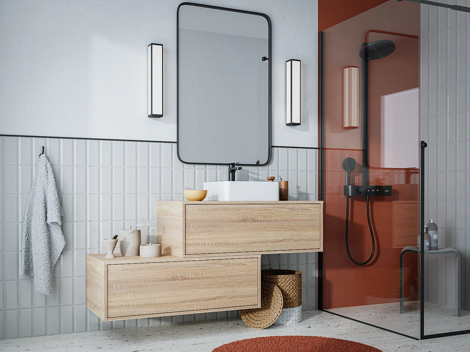 Meuble de salle de bain suspendu naturel clair avec simple vasque carrée et deux tiroirs - 94 cm - TEANA II