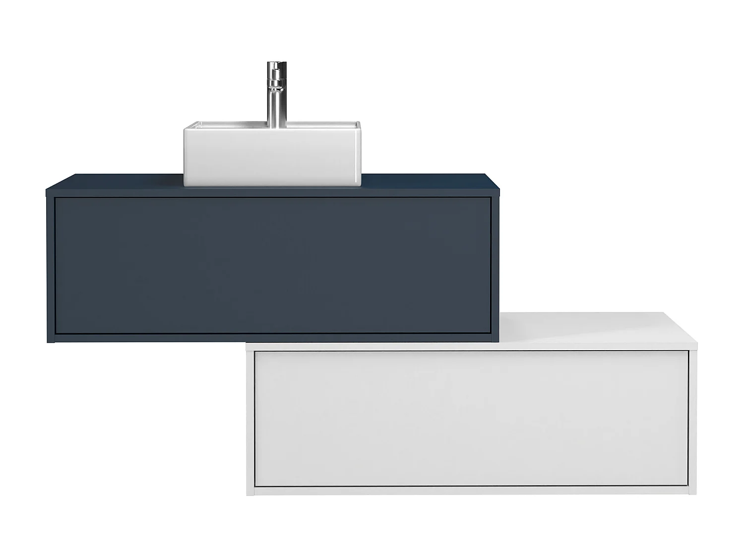Ophængt natteblaadblå og hvidt badeværelsesmøbel med enkelt firkantet vask og to skuffer - TEANA II