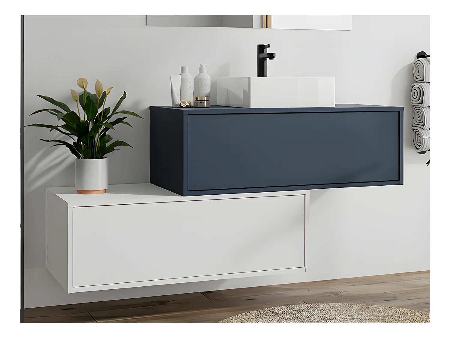 Meuble de salle de bain suspendu bleu nuit et blanc avec simple vasque carrée et deux tiroirs - TEANA II